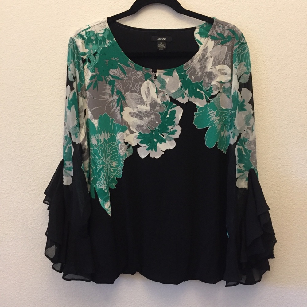 Alfani Green Floral and Black Ruffle Sleeve Blouse